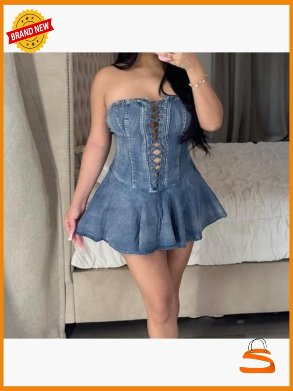 Strapless Denim Tube Mini Dress Ruffled Hem Bodycon Back Zipper - Picture 5 of 5